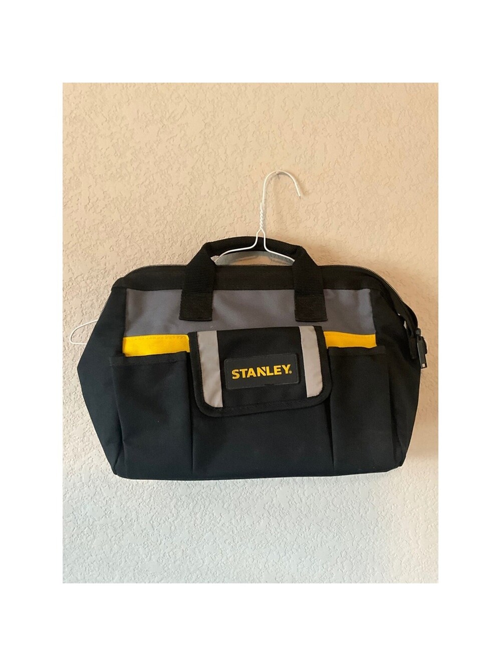 Stanley 12 Inch Soft Sided Tool Bag Multi Pocket Organizer Black Grey Yellow